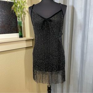 See through metallic slip dress with fringe